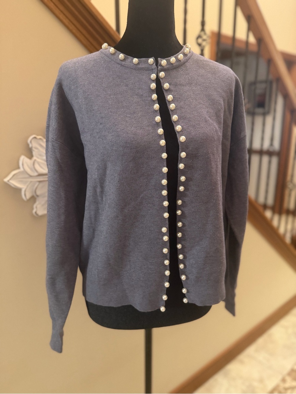 Women’s Small Gray Pearl Embellished Cardigan Sweater Open Front NWT